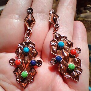 VTG Running Bear RB Earrings Turquoise Copper/Sterling Silver 925 Native Navajo